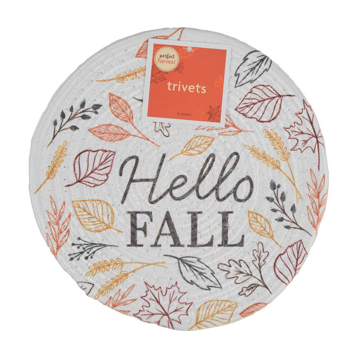 Perfect Harvest Halloween 'Hello Fall' Leaves Print Round Trivets, 2 ct