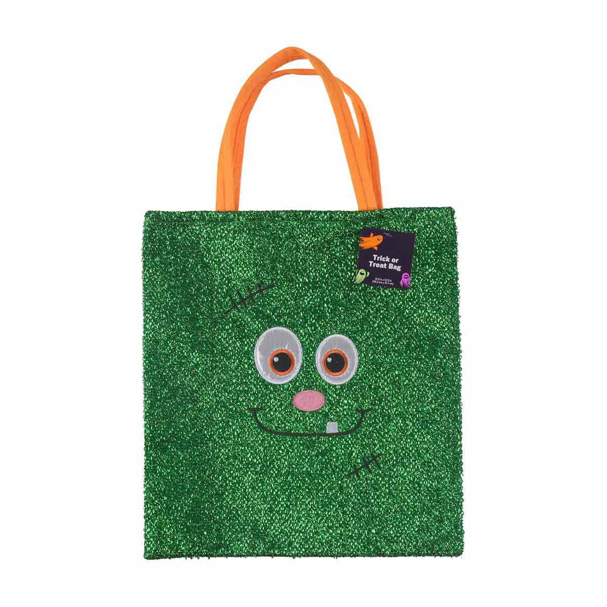 Halloween Green Trick or Treat Tinsel Gift Bag, 13.5x12.5 in