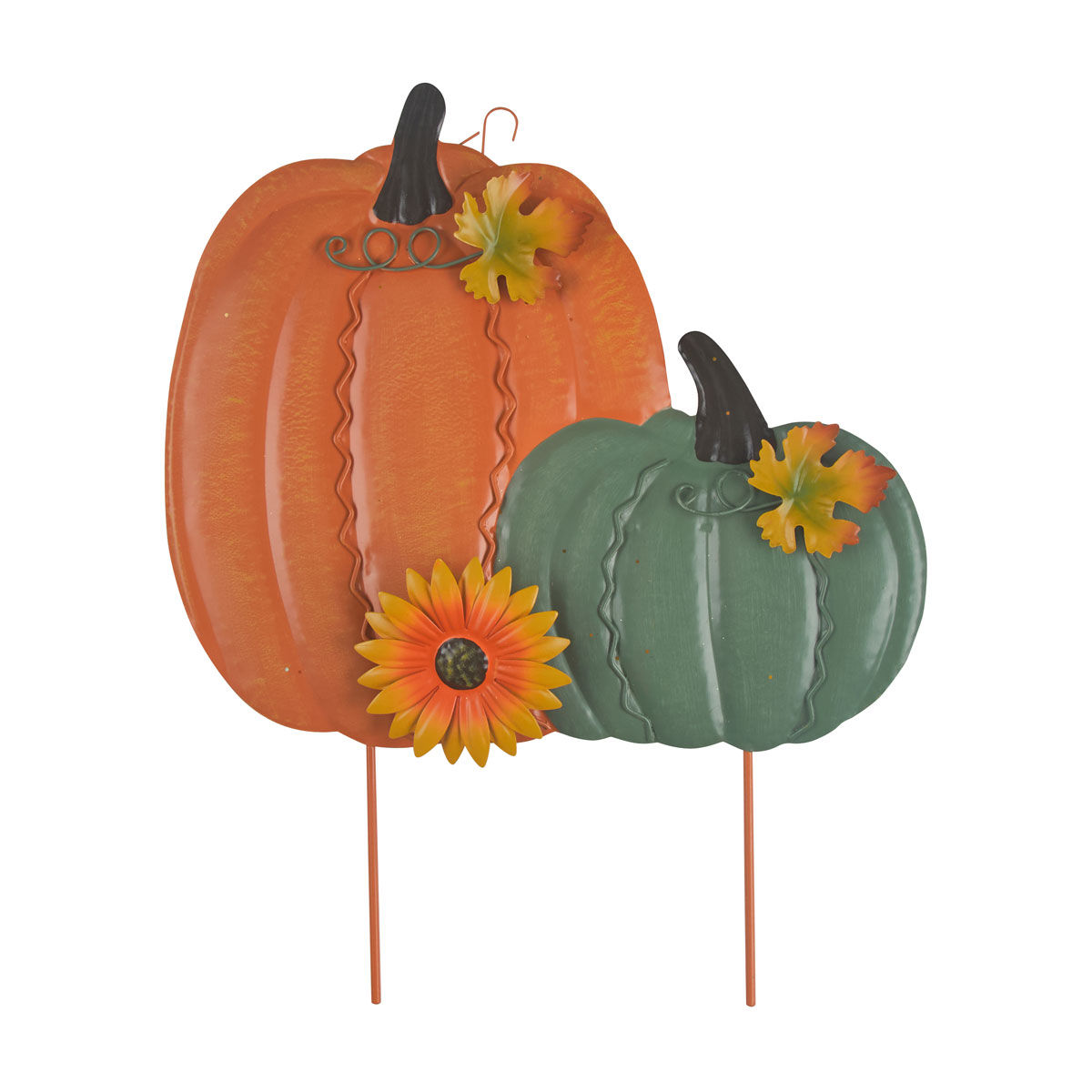Double Pumpkin Metal Yard Stake with Sunflower, Green