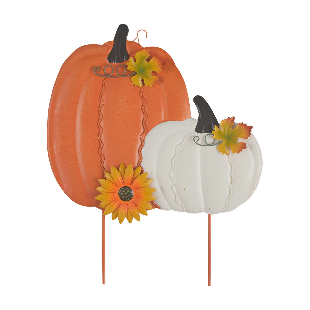 Double Pumpkin Metal Yard Stake with Sunflower, Cream