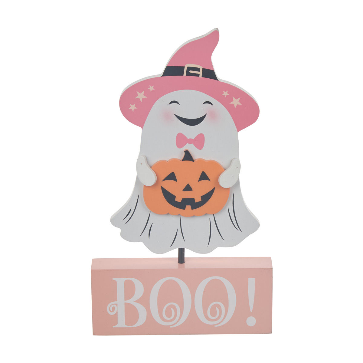 Halloween-Ghost-with-Pink-Hat-MDF-Tabletop-Décor,-2-Assorted-Styles