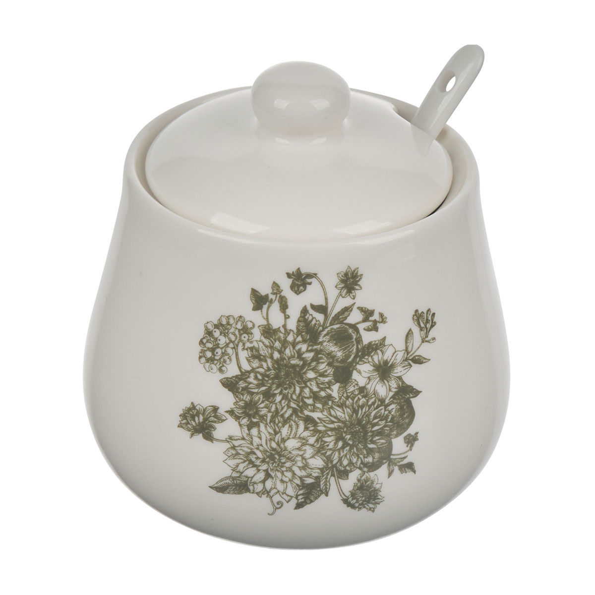 Holly Williams White Ceramic Floral Sugar Canister with Lid and Spoon