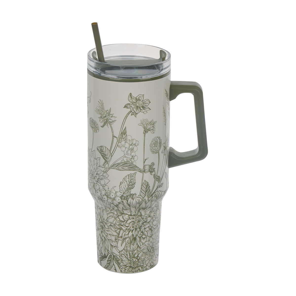 Holly Williams Fall Green Floral Print Tumbler with Straw, 40 fl oz