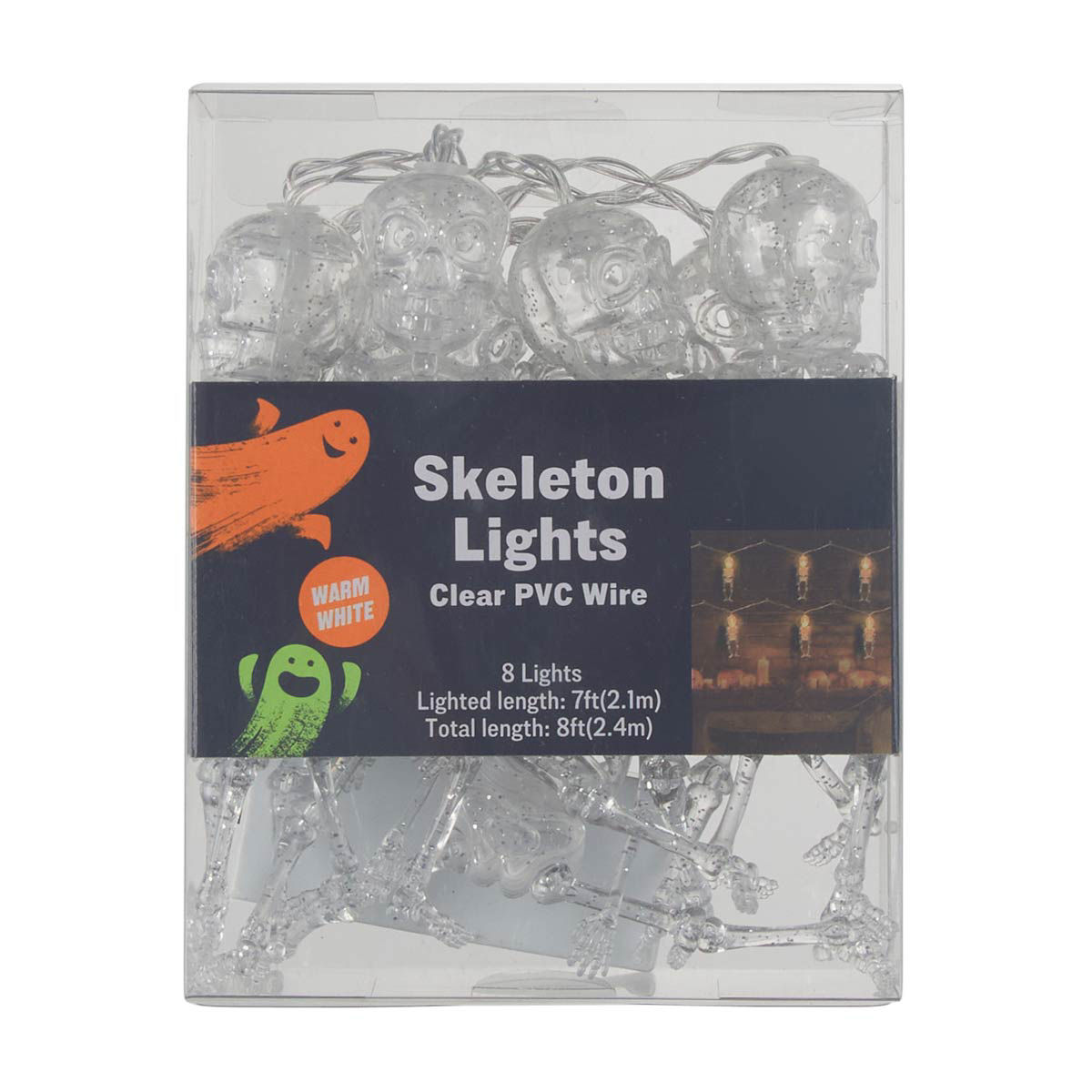 Halloween Clear Skeleton Shaped String Lights, 8 ft