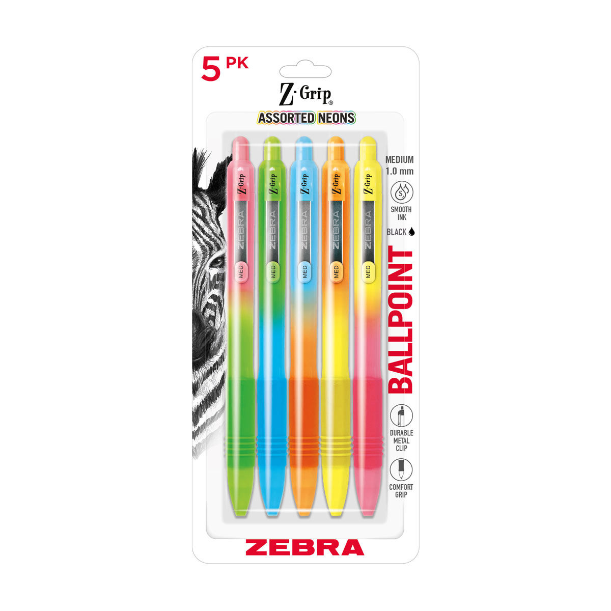 Zebra Z-Grip Assorted Neon Ballpoint Pens, Medium Point 1.0 mm, Black Ink, 5 pk