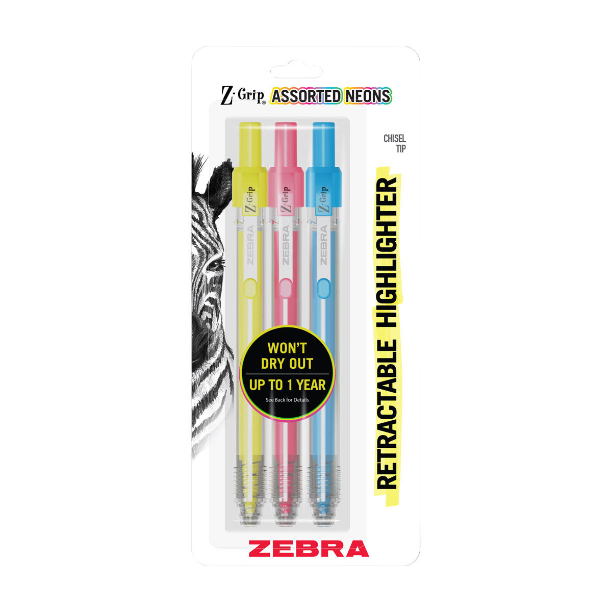 Zebra Z-Grip Assorted Neon Retractable Highlighters, Chisel Tip, 3 pk