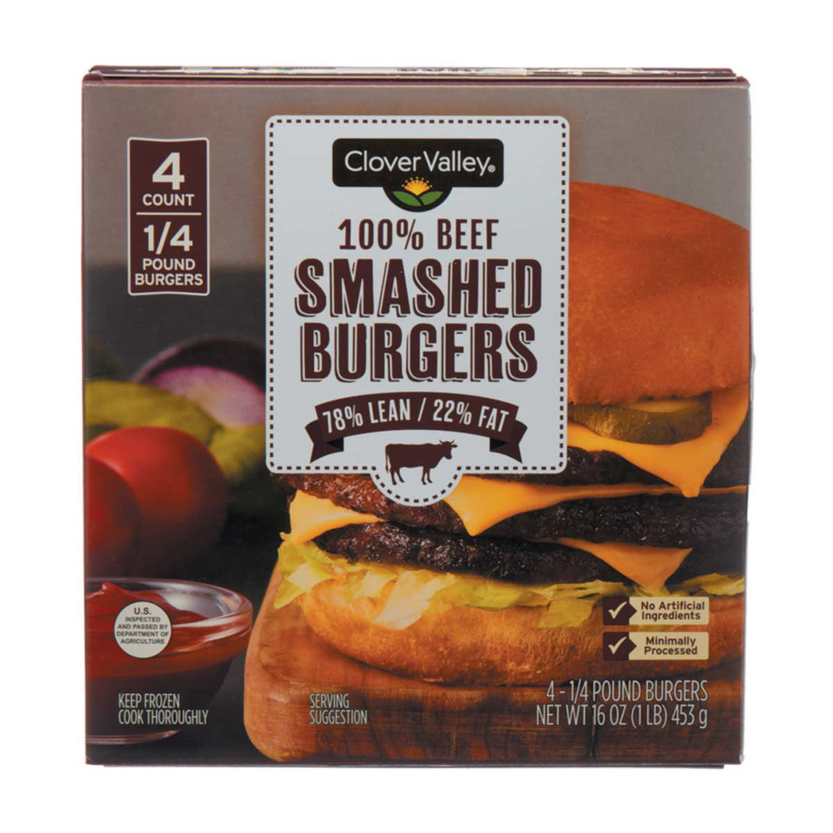 Clover Valley 100% Beef Smashed Burgers, 78% Lean/22% Fat, 4 ct, 16 oz