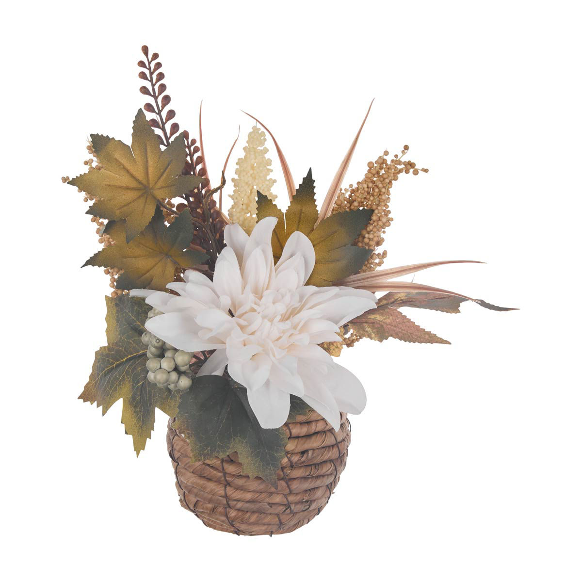 Harvest Vase with Artificial White Flower and Leaves Arrangement