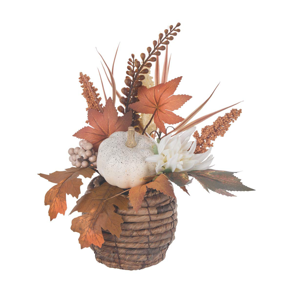 Harvest Vase with Artificial White Pumpkin and Orange Leaves Arrangement