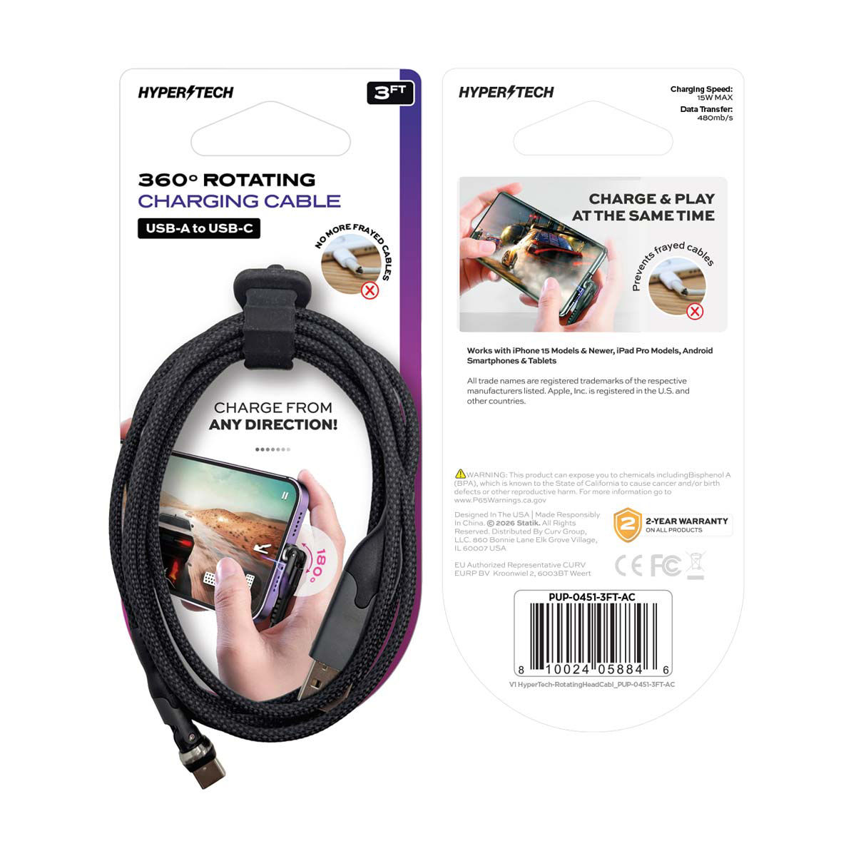 HyperTech 360° Rotating USB-A to USB-C Charging Cable, Black, 3 ft