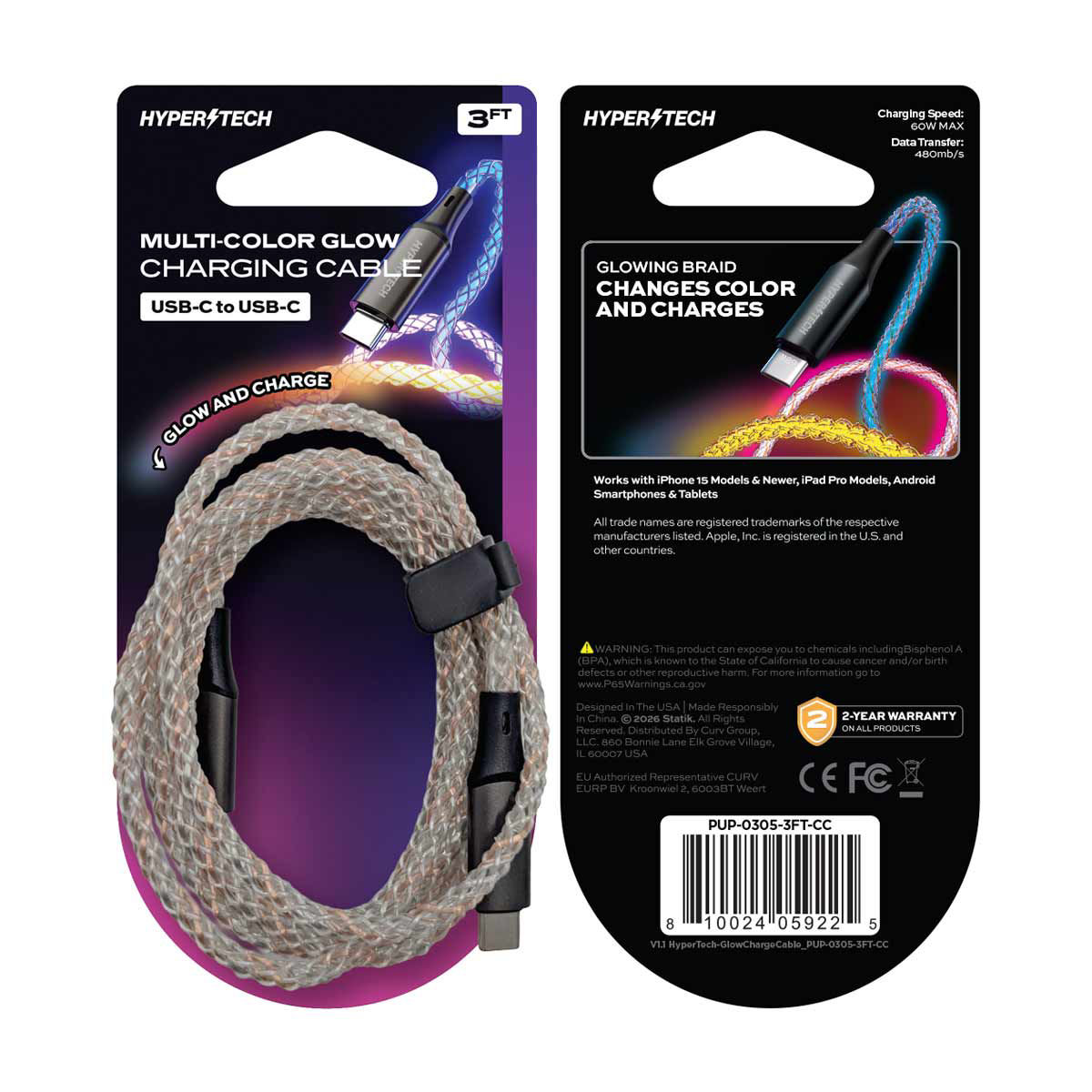 HyperTech Multi-Color Glow USB-C to USB-C Charging Cable, 3 ft