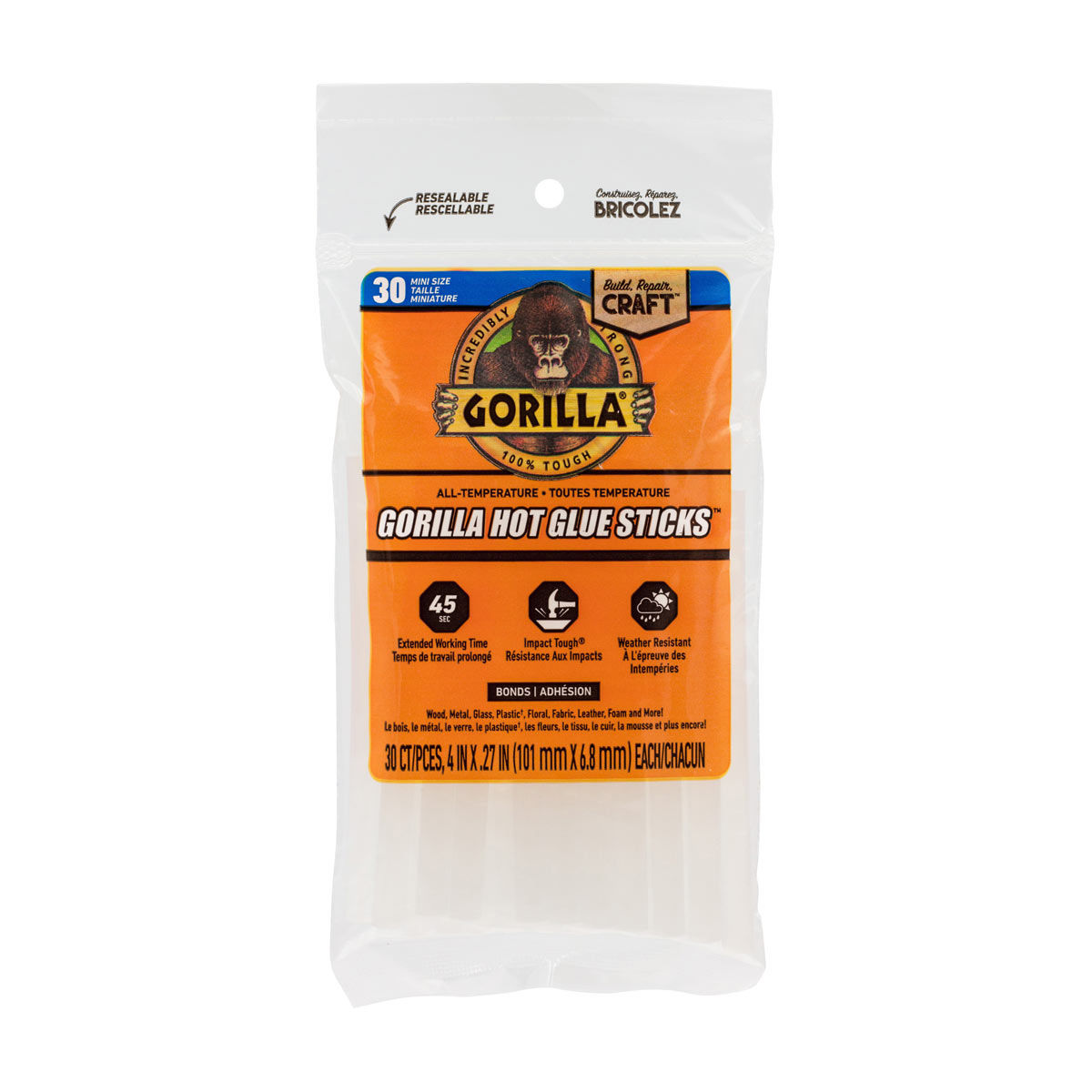 Gorilla All-Temperature Mini Hot Glue Sticks, 30 ct