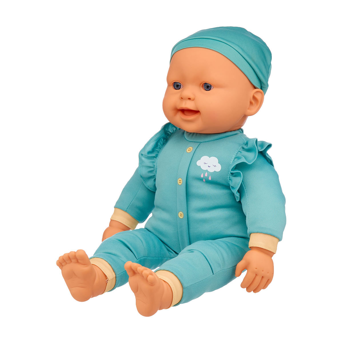 Cute Baby Doll in Green Outfit with Small White Cloud Icon
