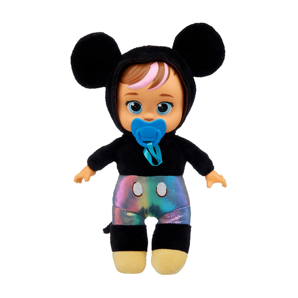 Cute Baby Doll in Rainbow Mickey Mouse Outfit with Pacifier
