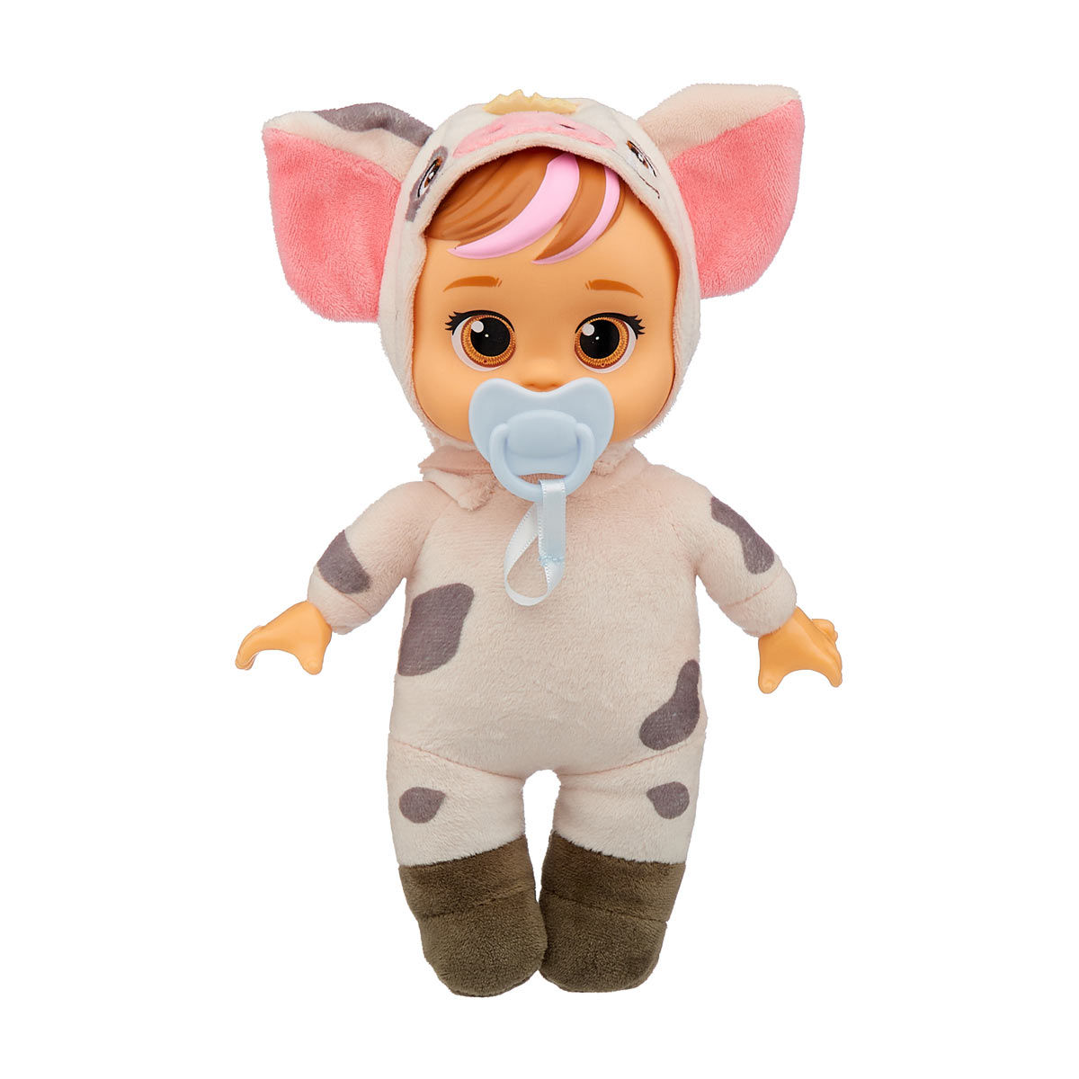 Cute Baby Doll in Pua Cow Patterned Hood Outfit with Pacifier