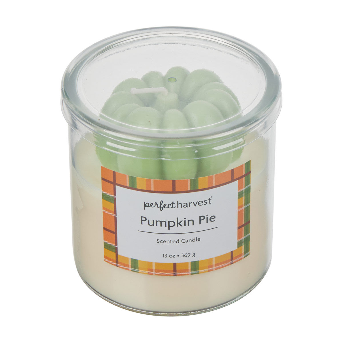 Perfect Harvest Pumpkin Pie Scented Glass Candle with Green Pumpkin-Shaped Toppe