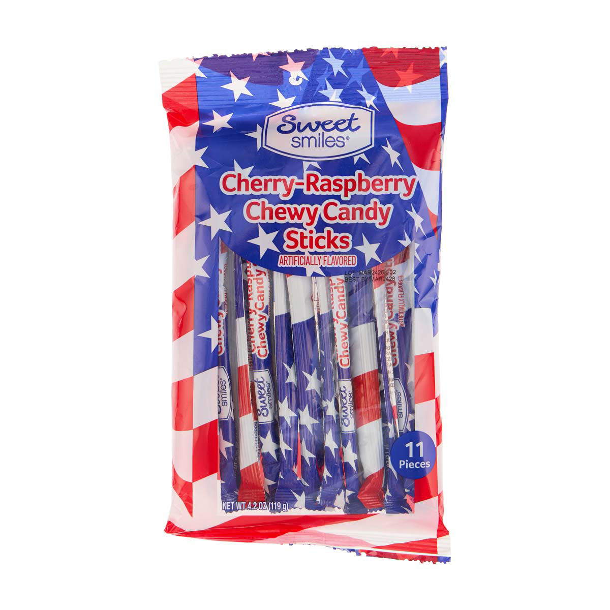 Sweet Smiles USA Patriotic Cherry-Raspberry Flavored Chewy Candy Sticks, 11 pc