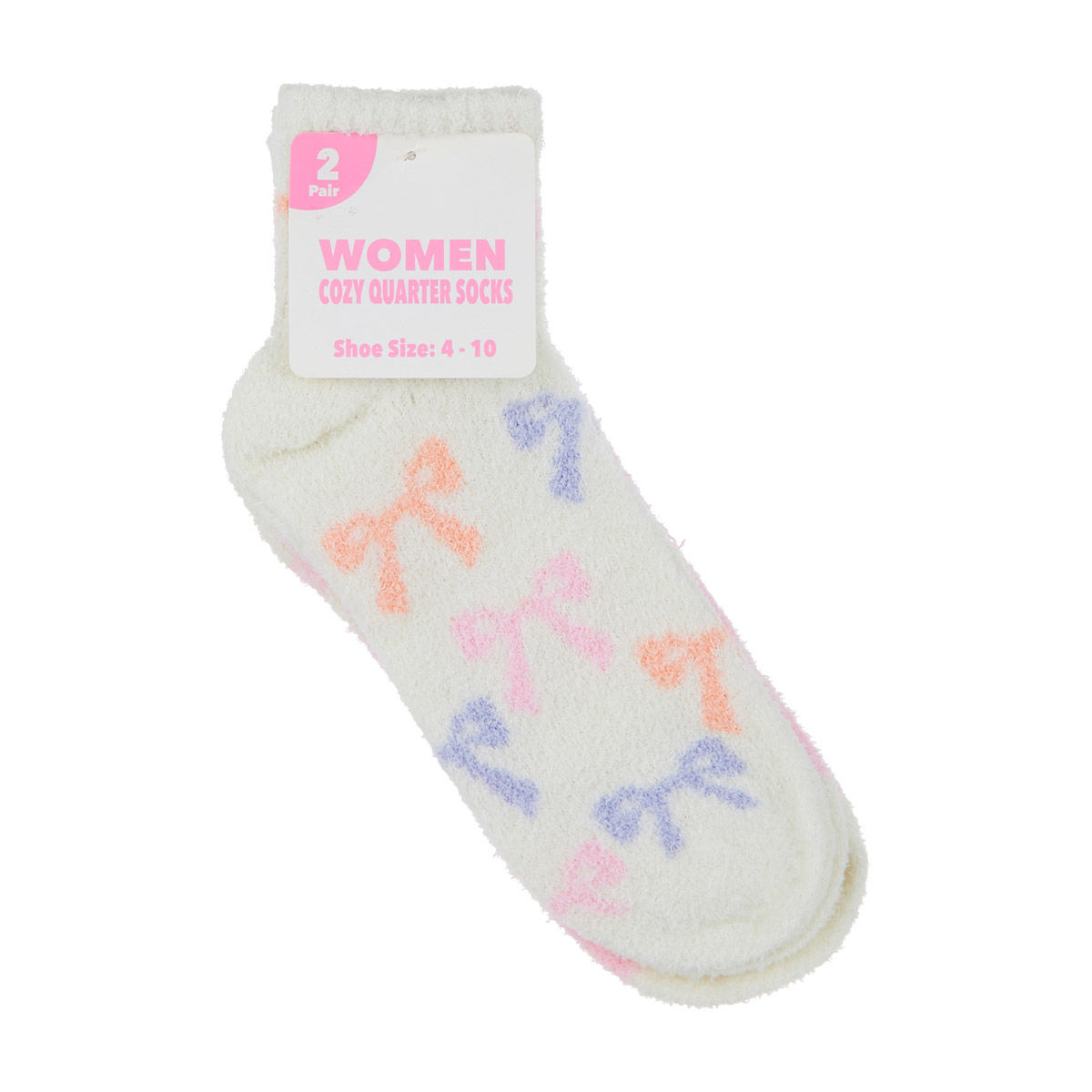 Women's Bow Print Cozy Quarter Socks, Shoe Size 4-10, 2 Pair, 2 Assorted Styles