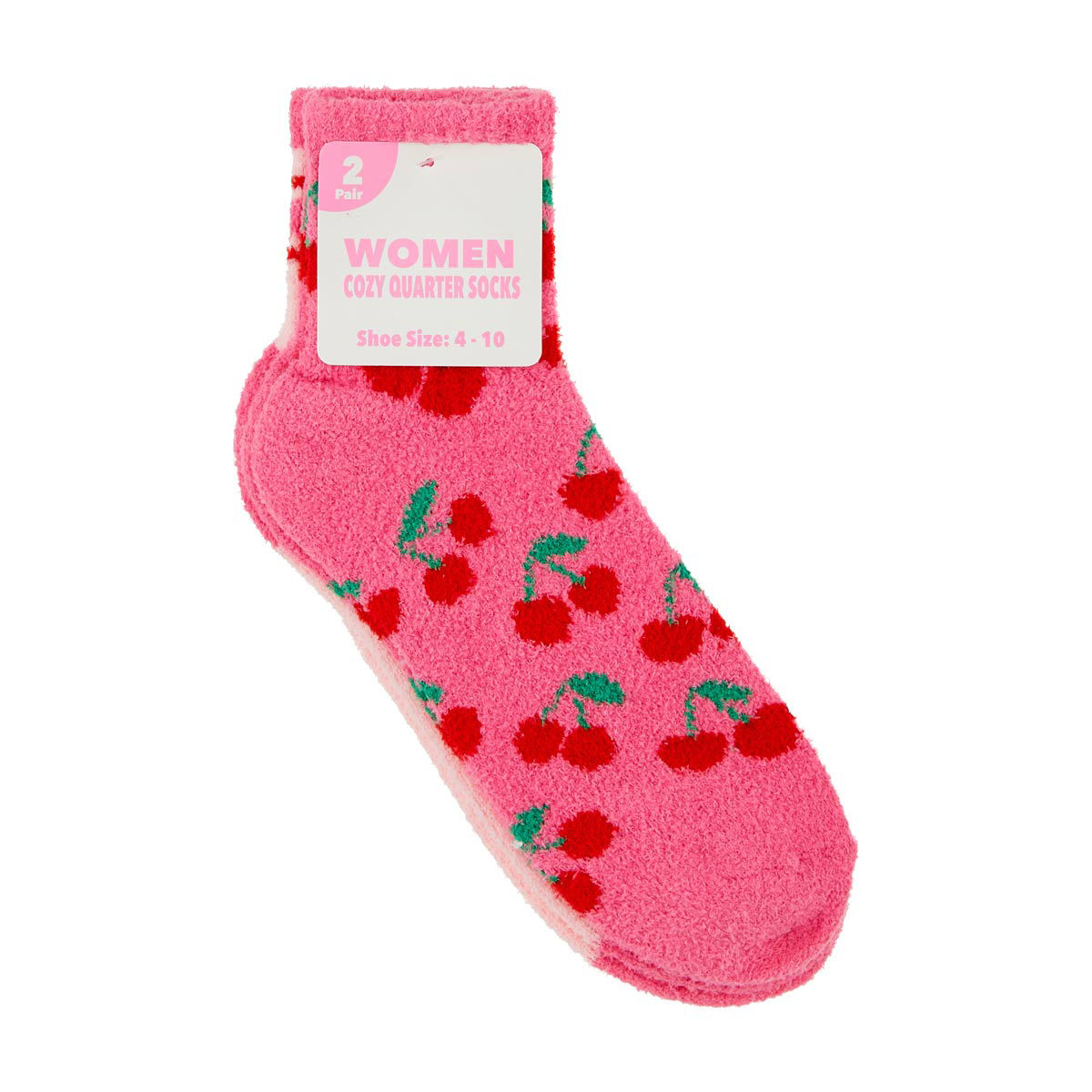 Women's Cherry Print Cozy Quarter Socks, Shoe Size 4-10, 2 Pair, 2 Assorted Styl