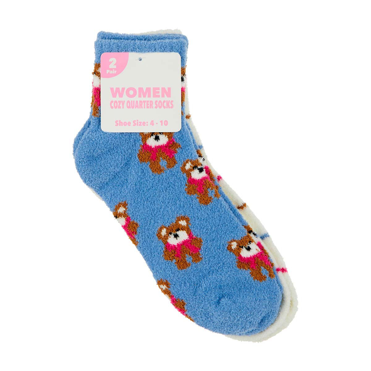 Women's Bear Print Cozy Quarter Socks, Shoe Size 4-10, 2 Pair, 2 Assorted Styles