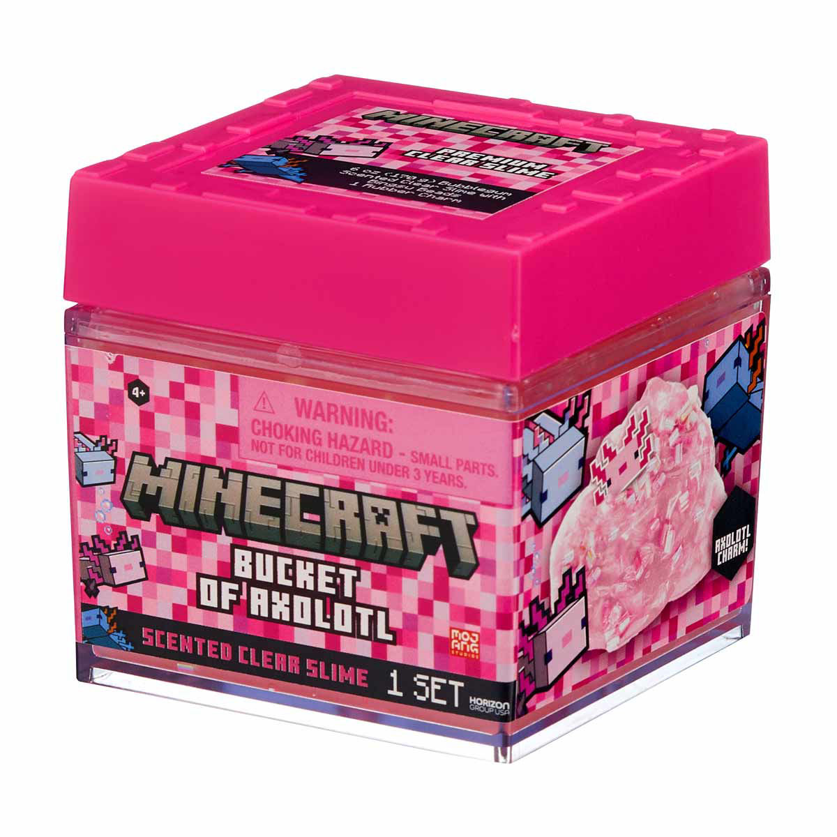 Minecraft Bucket of Axolotl Bubblegum Scented Clear Slime with Charm, 6 oz