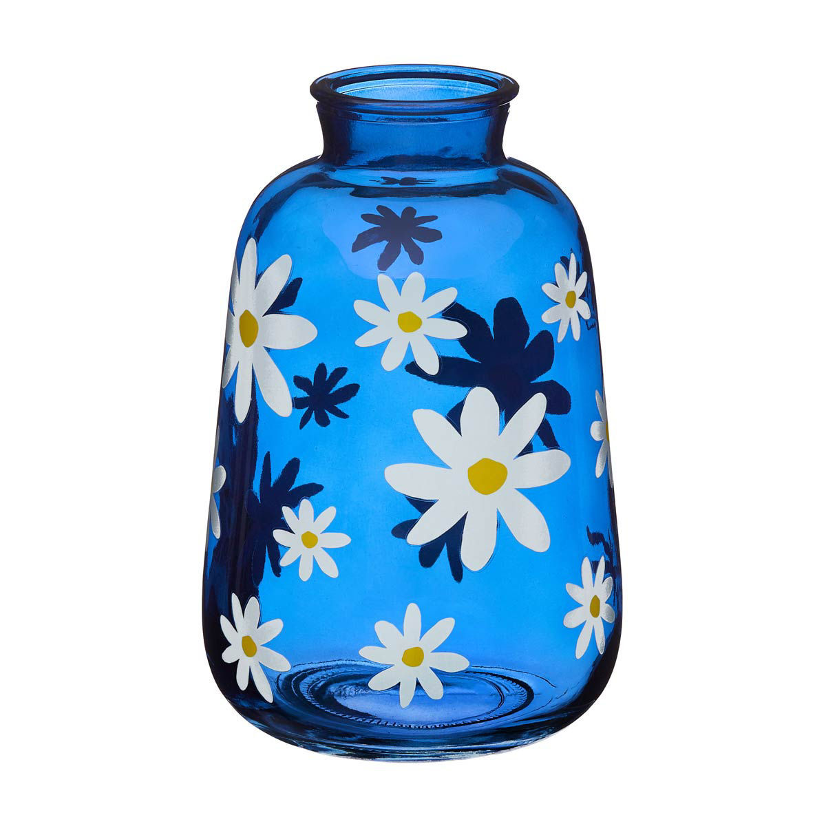 Summer Blue Daisy Print Tall Glass Vase