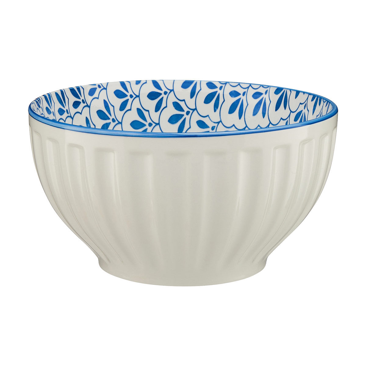 Blue & White Floral-Print Ribbed Ceramic Mixing Bowl