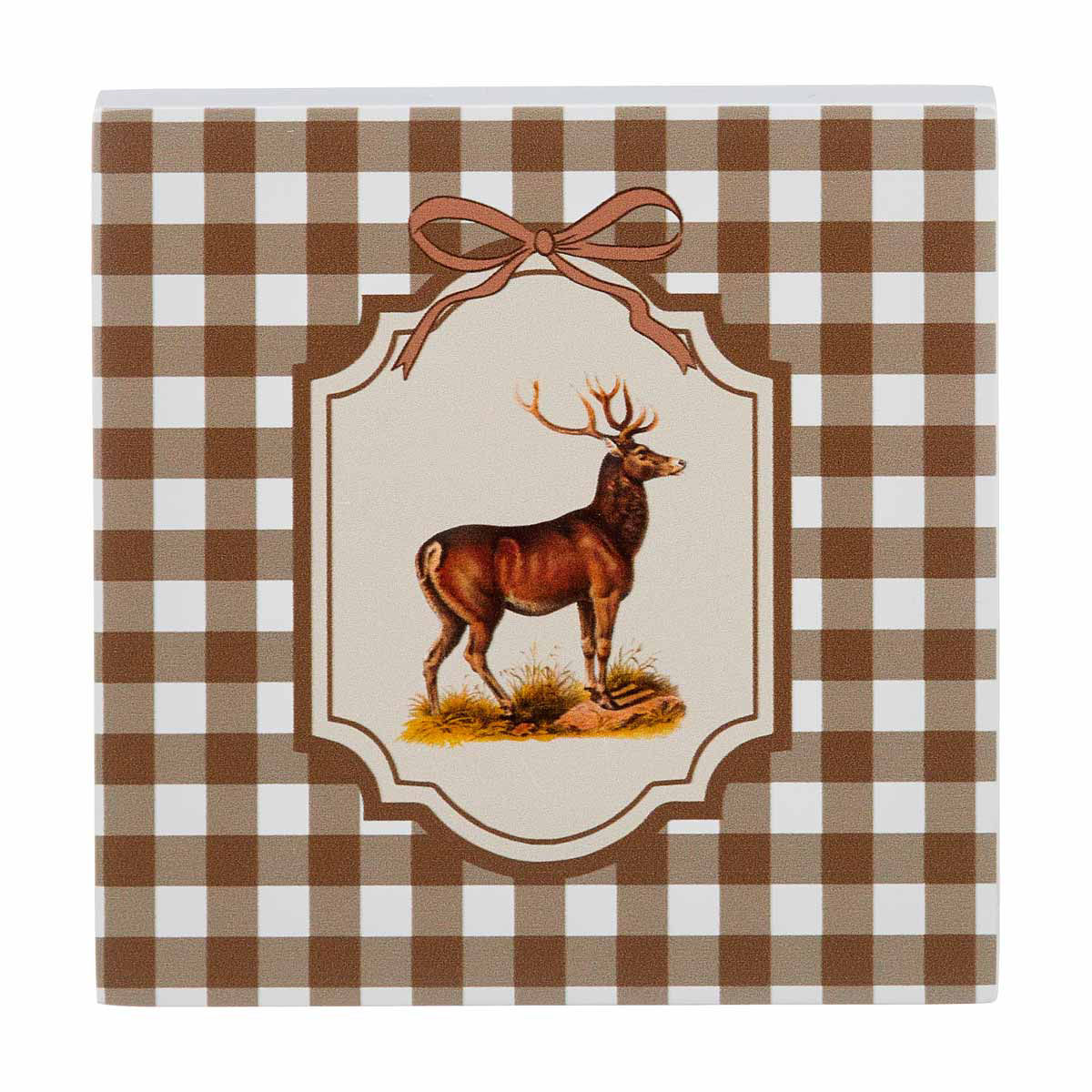 Holly Williams Fall Brown Gingham Deer Block Décor, 4.5x4.5 in