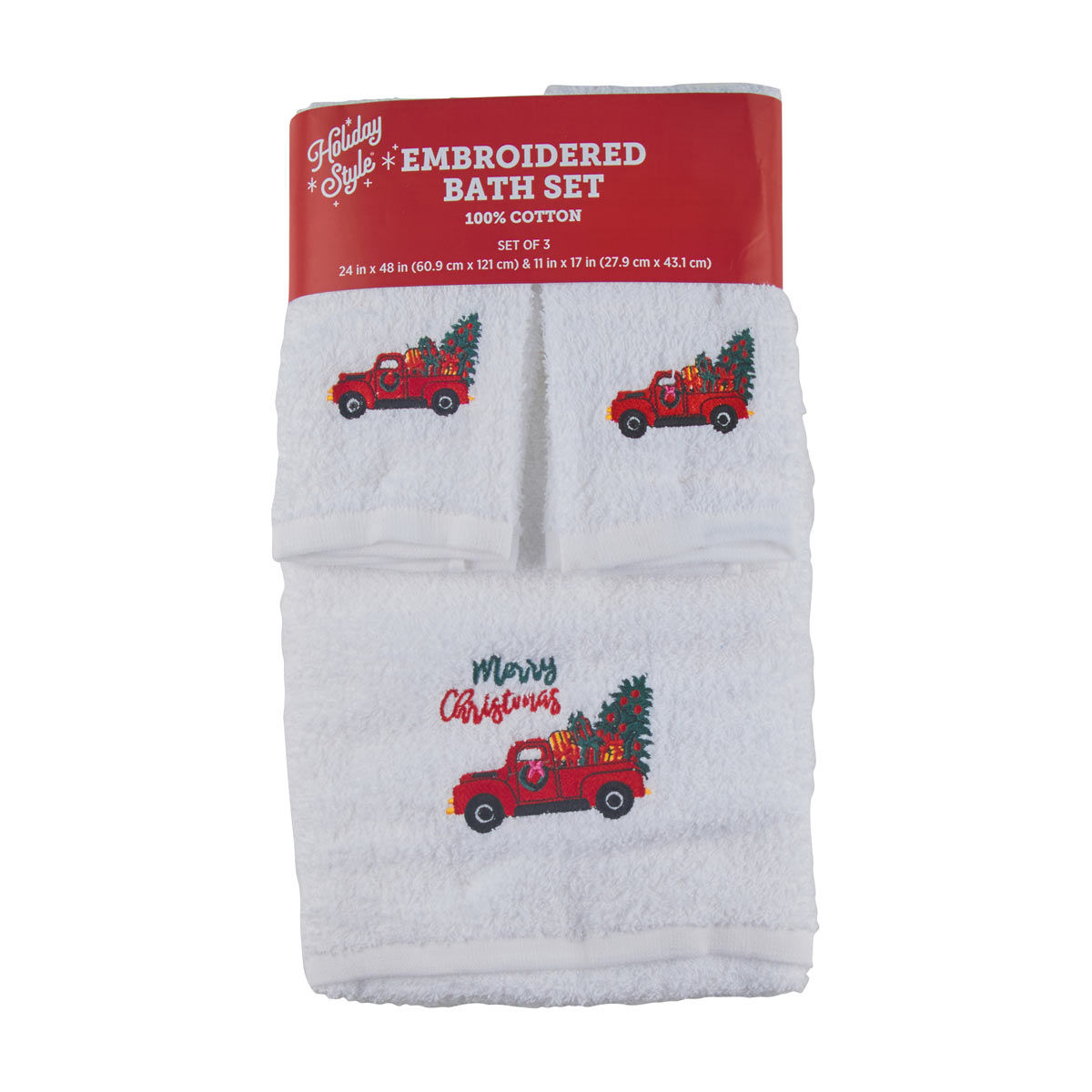 Holiday Style Christmas Red Truck Embroidered Cotton Bath Towel Set, 3 ct