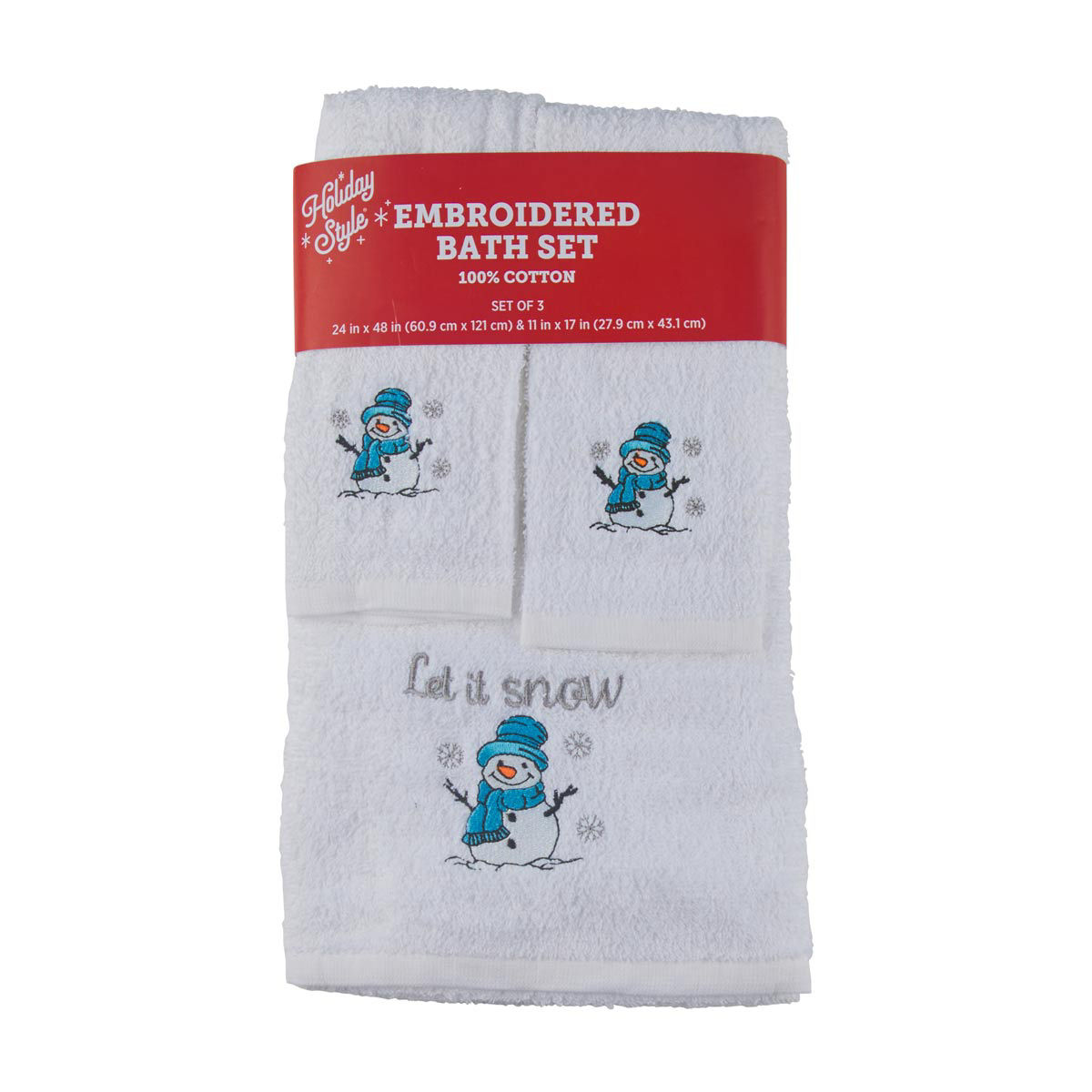 Holiday Style Christmas Let It Snow Snowman Embroidered Cotton Bath Towel Set, 3 ct