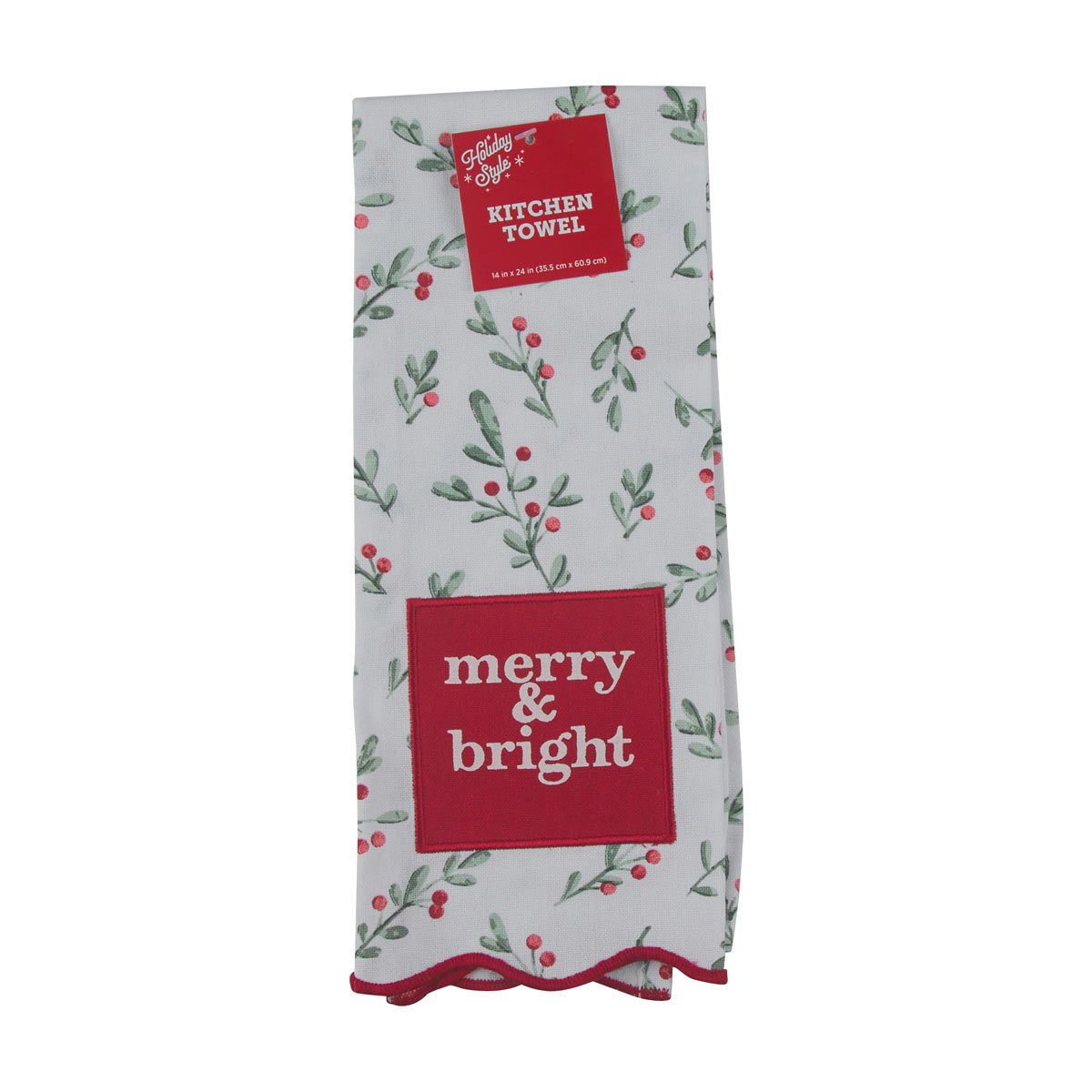 Holiday-Style-Christmas-'Merry-&-Bright'-Scalloped-Kitchen-Towel,-14x24-in