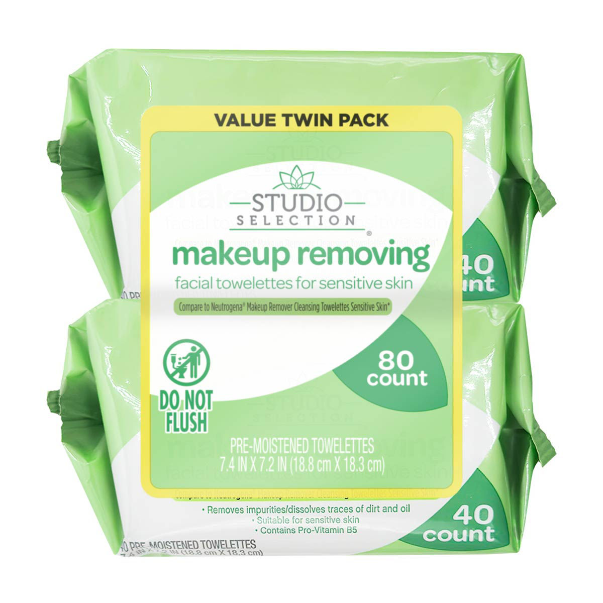 Studio Selection Makeup Removing Facial Towelettes for Sensitive Skin Value Twin Pack, 7.4x7.2 in, 80 ct