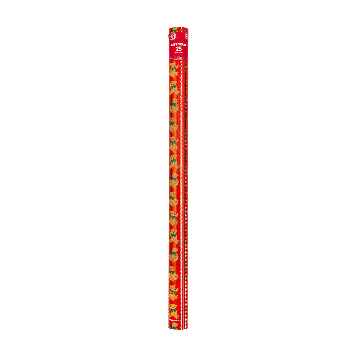 Holiday-Style-Christmas-Red,-Brown-&-White-Holographic-Teddy-Bear-Gift-Wrap,-25