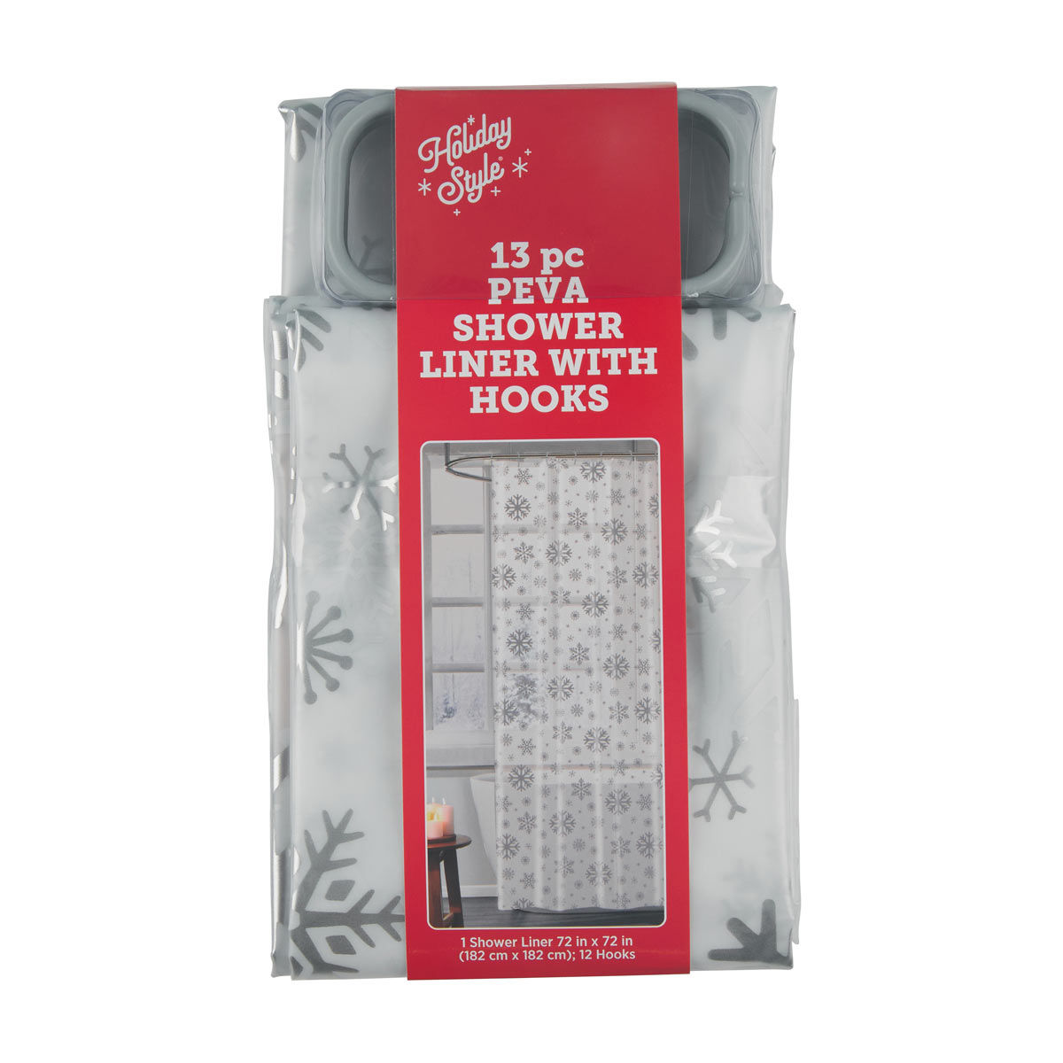 Holiday-Style-Christmas-Snowflake-Print-PEVA-Shower-Liner-with-Hooks,-13-Piece-Set,-72x72-in