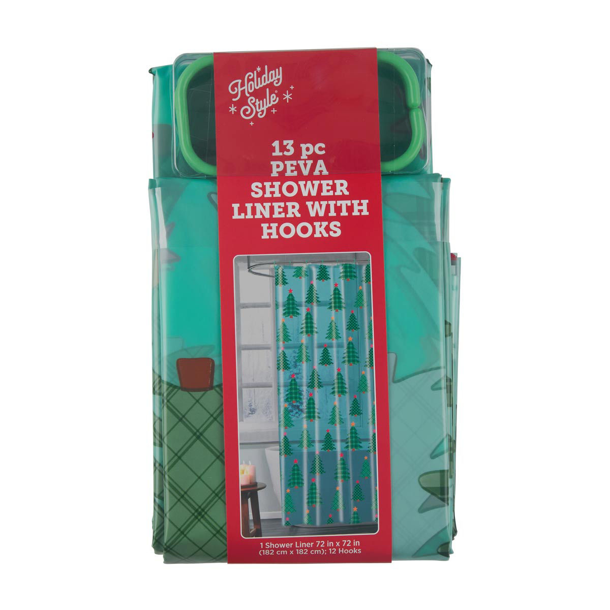 Holiday-Style-Christmas-Tree-Print-PEVA-Shower-Liner-with-Hooks,-13-Piece-Set,-72x72-in
