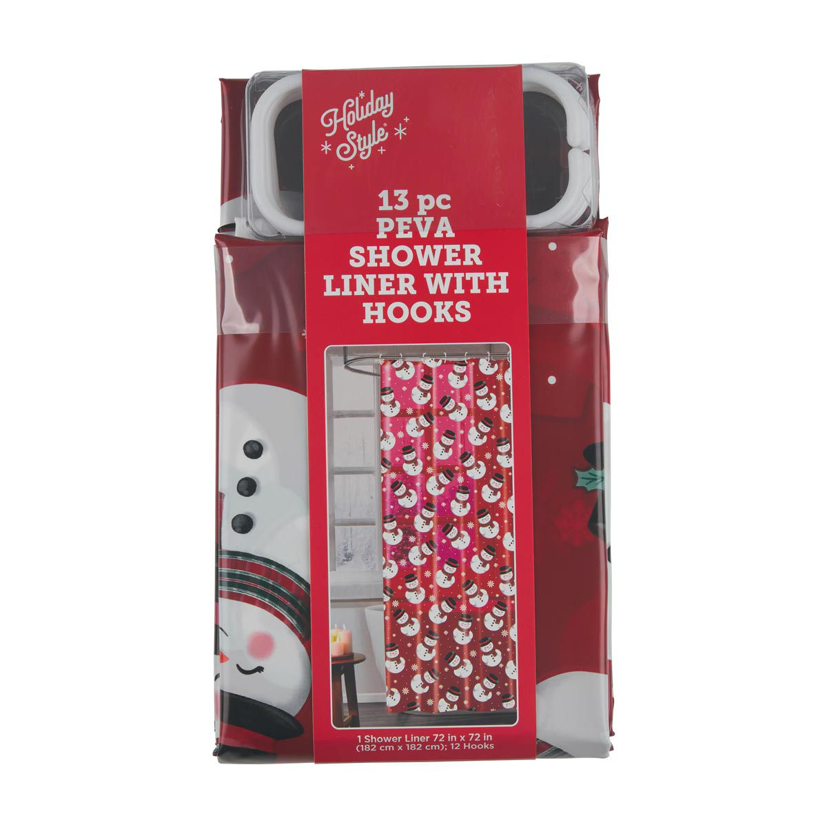 Holiday-Style-Christmas-Snowman-Print-PEVA-Shower-Liner-with-Hooks,-13-Piece-Set,-72x72-in