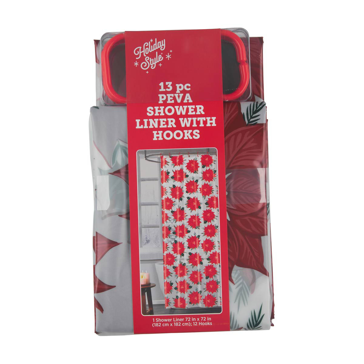 Holiday-Style-Christmas-Poinsettia-Print-PEVA-Shower-Liner-with-Hooks,-13-Piece-Set,-72x72-in
