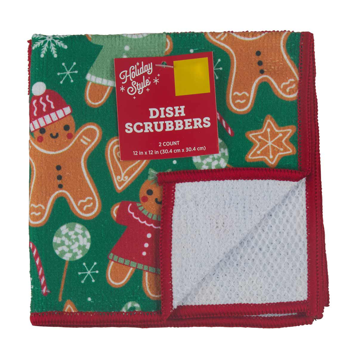 Holiday Style Christmas Gingerbread Print Dish Scrubbers, 12x12 in, 2 ct