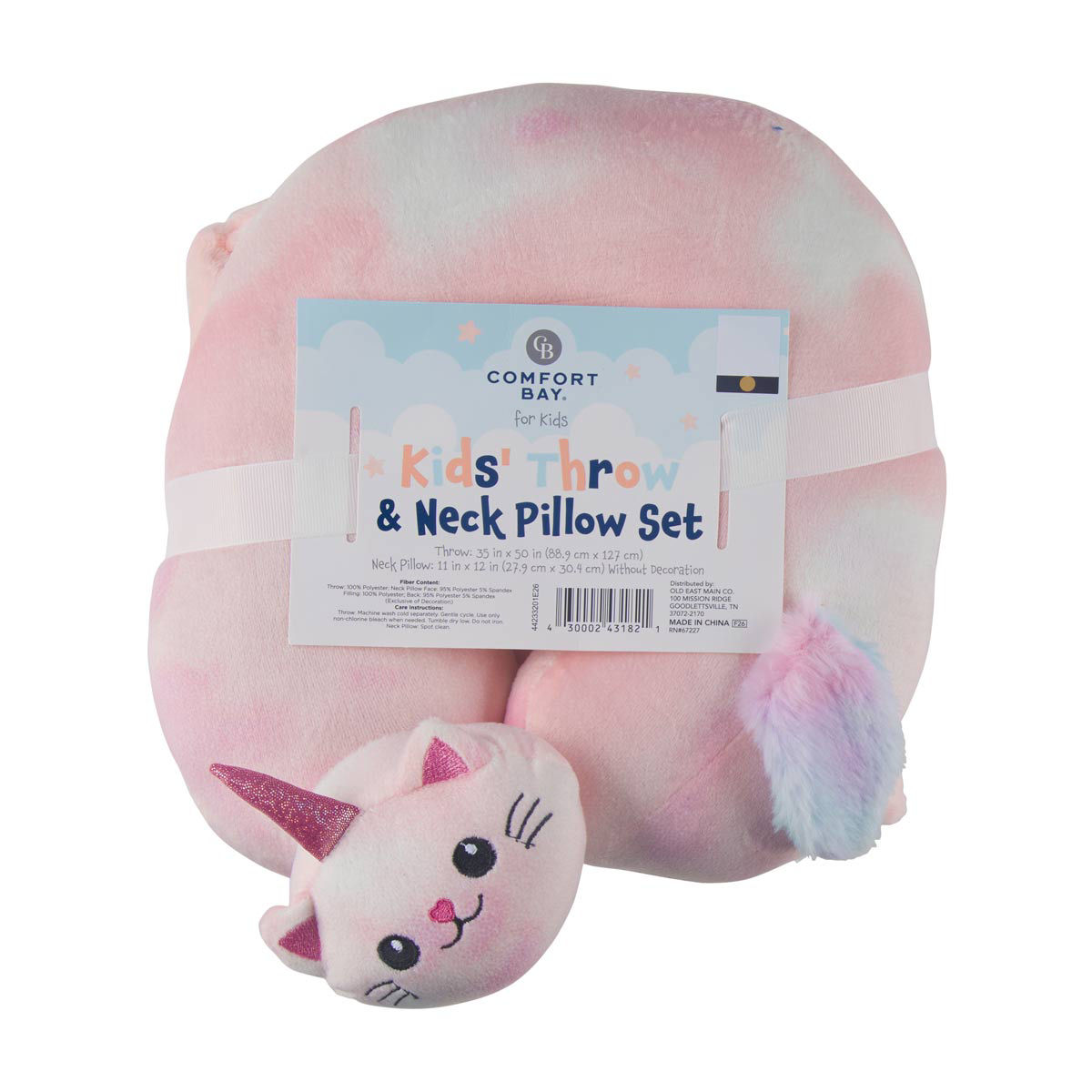 Comfort Bay for Kids Pink Tie-Dye Unicorn Cat Throw & Neck Pillow Set, 2 pc