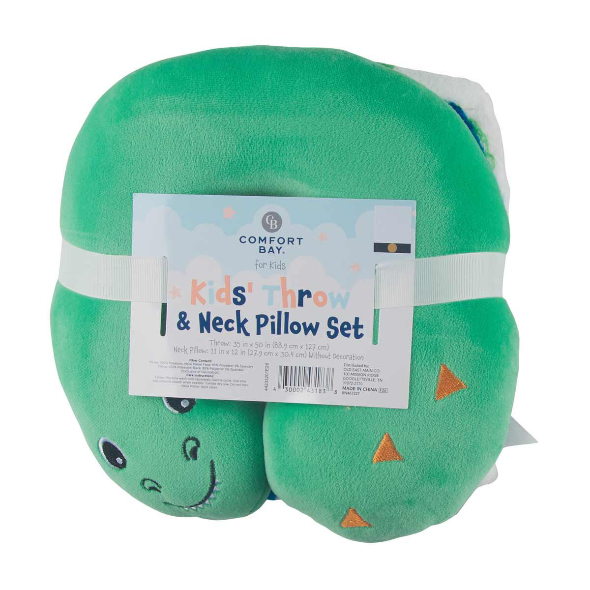 Comfort Bay for Kids Green Dinosaur Throw & Neck Pillow Set, 35x50 in