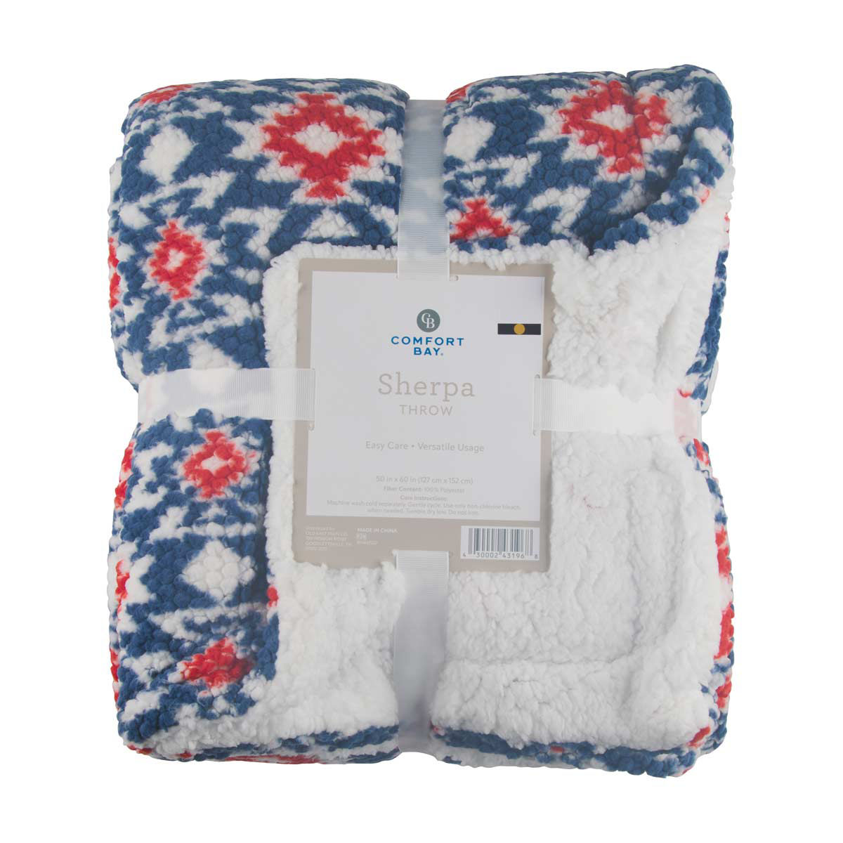 Comfort Bay Sherpa Red and Blue Geometric 2-Layer Throw, 50x60 in
