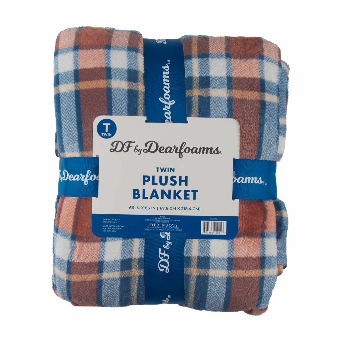 DF by Dearfoams Rust Blue Plaid Plush Blanket, Twin, 66x86 in