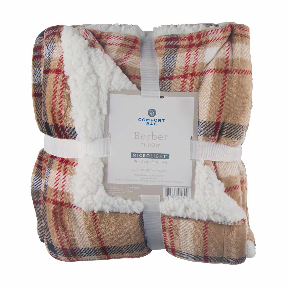 Comfort Bay Berber Tan Plaid Microlight Throw, 50x60 in