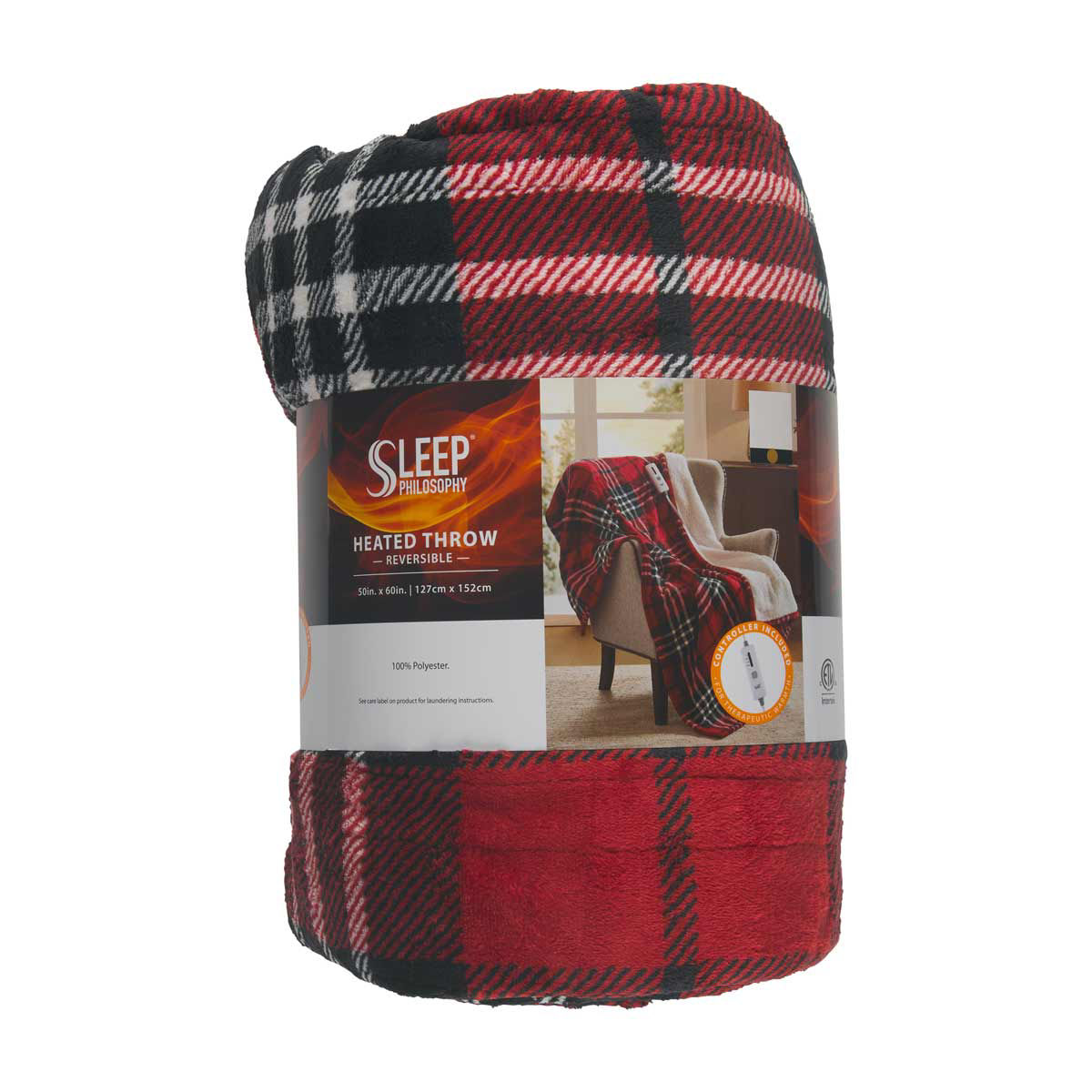 Sleep Philosophy Reversible Heated Throw Blanket, Red Buffalo Plaid, 50 x 60 in