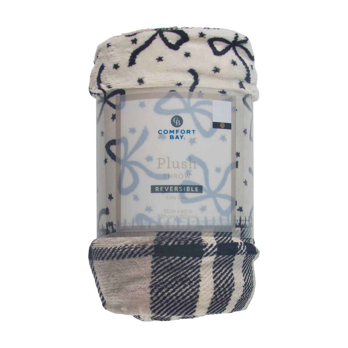 Comfort Bay Plush Black & White Bow Plaid Print Reversible Throw, 50x60 in