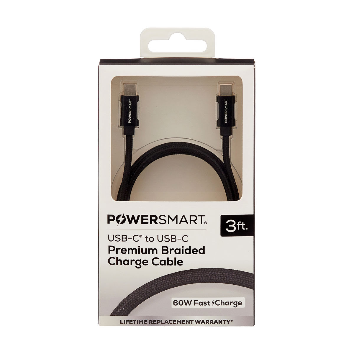 Powersmart USB-C to USB-C Premium Braided Black Charge Cable, 3 ft