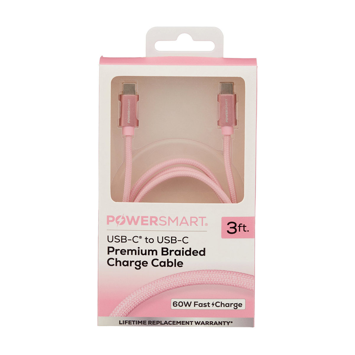 Powersmart USB-C to USB-C Premium Braided Pink Charge Cable, 3 ft