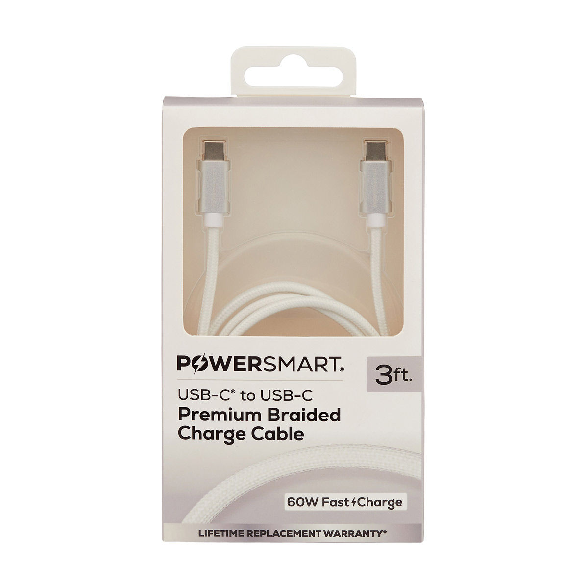 Powersmart USB-C to USB-C Premium Braided White Charge Cable, 3 ft