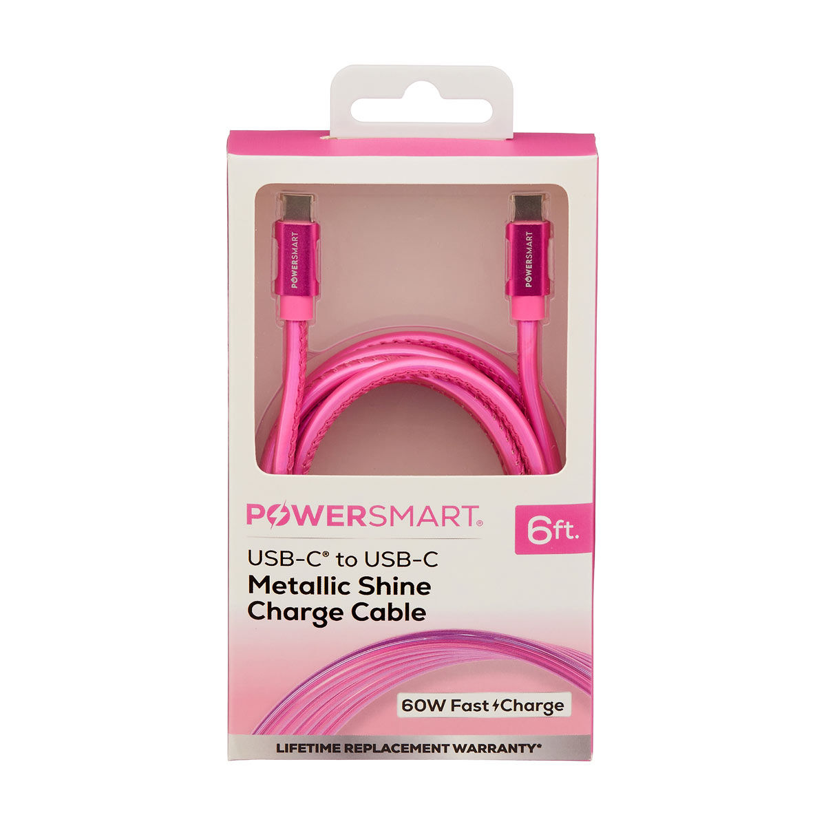 Powersmart USB-C to USB-C Metallic Shine Pink Charge Cable, 6 ft