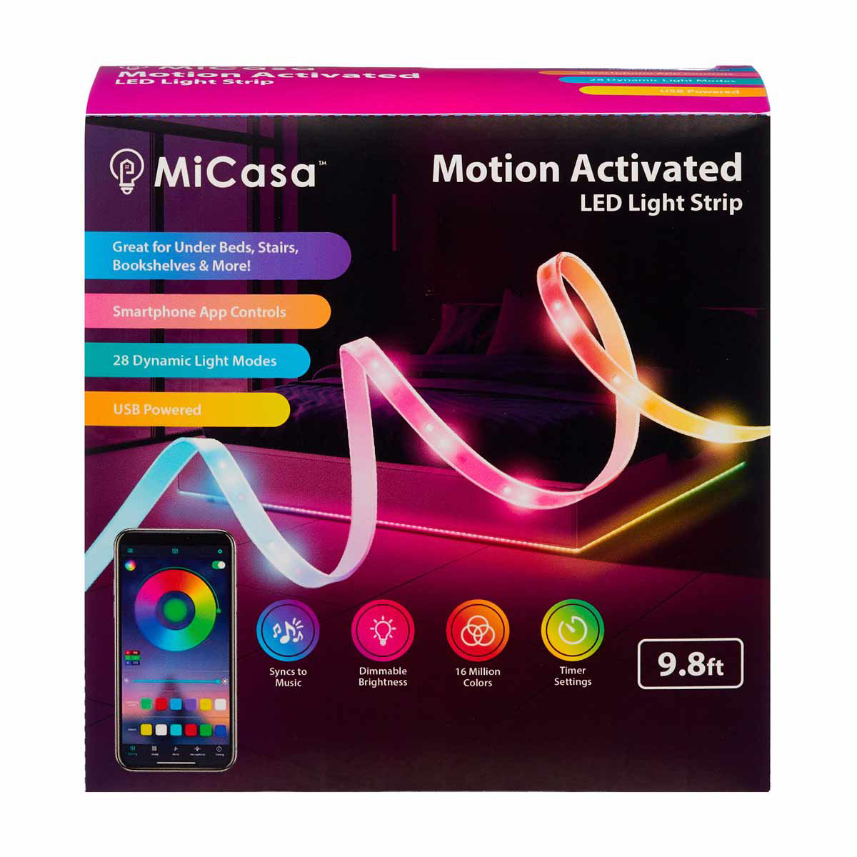 MiCasa Motion-Activated Muilt-Color LED Light Strip, 9.8 ft